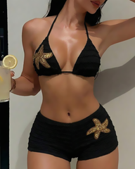 Halter Neck Starfish Sequin Embroidered Two-Piece Bikini Set