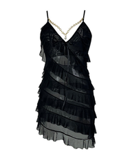 Sexy V-Neck Pearl Metal Chain Mesh Ruffle Nightdress