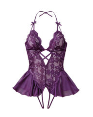 Sheer Lace Halter Cut-Out Crotchless Bodysuit