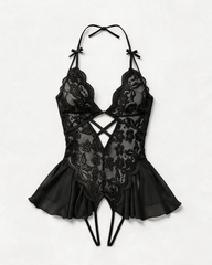 Sheer Lace Halter Cut-Out Crotchless Bodysuit