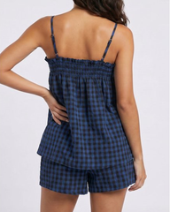 Breathable Plaid Cotton Linen Camisole Shorts Pajama Set