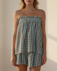 Breathable Plaid Cotton Linen Camisole Shorts Pajama Set