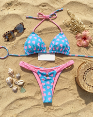 Color-Block Print Bikini Swimsuit with Braided Straps