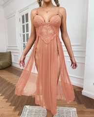 Sexy Sheer Mesh Deep V-Neck Lace Side Slit Slip Dress