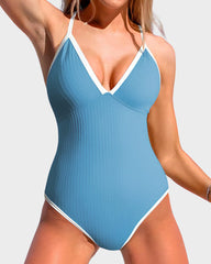 Deep V Ribbed Cross Back One-Piece Swimsuit