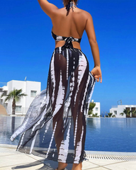 Sexy Contrast Print Ring Detail Bikini with Beach Maxi Skirt