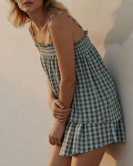 Breathable Plaid Cotton Linen Camisole Shorts Pajama Set