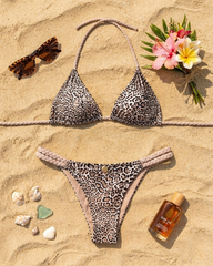 Color-Block Print Bikini Swimsuit with Braided Straps