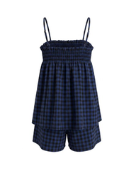 Breathable Plaid Cotton Linen Camisole Shorts Pajama Set