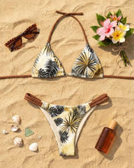 Color-Block Print Bikini Swimsuit with Braided Straps