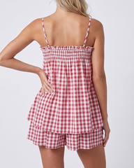 Breathable Plaid Cotton Linen Camisole Shorts Pajama Set