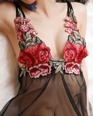 Sheer Rose Embroidered Strappy Babydoll Dress with Thong