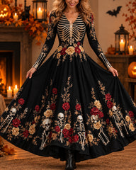 Halloween Cosplay Retro Print Long Sleeve Dress