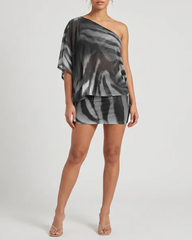 Sexy Claw Print One-Shoulder Top with Cape & Bodycon Skirt Set