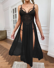 Sexy Sheer Mesh Deep V-Neck Lace Side Slit Slip Dress