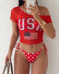 Sexy USA Flag Print Sheer Mesh Bikini Set with Cover-Up