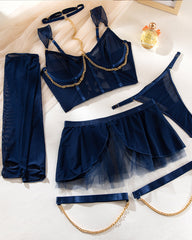 Sexy See-Through Mesh Skirt Uniform Lingerie Set With Gloves