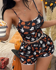 Halloween Casual Print Camisole and Shorts Pajama Set