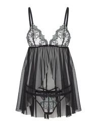 Embroidered Lace Open-Bust Hook Closure Sheer Babydoll Set