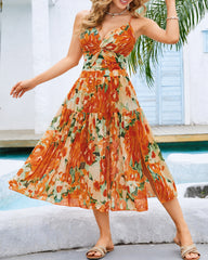 Deep V Floral Print One-Piece Swimsuit and Long Skirt Set