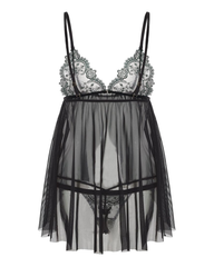 Embroidered Lace Open-Bust Hook Closure Sheer Babydoll Set