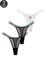 3-Pack Rhinestone Heart Sheer Mesh Thong Panties