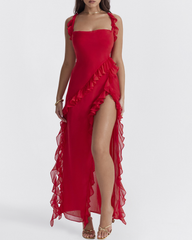 Sexy Ruffle Trim Slit Maxi Dress