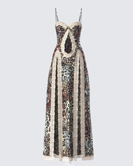 Sexy Leopard Print Strappy Lace Patchwork Slit Crop Dress