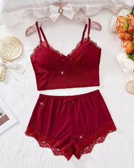 Sexy Deep V Lace Trim Camisole and Shorts Pajama Set