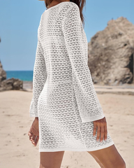 Sexy Long Sleeve Hollow Out Sheer Lace-Up Bikini Cover-Up Beach Dress