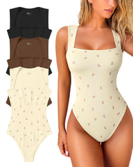 Women's Square Neck Sleeveless Knit Ribbed Vest Bodysuit