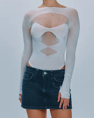 Sexy Rhinestone Stretch Fishnet Round Neck Long Sleeve Bodysuit