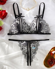 Sexy Floral Lace Exposed Breast Bra and Crotchless Thong Panty Set
