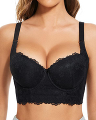 Women Lace Wide Back Underwired Longline Corset Push Up Bras