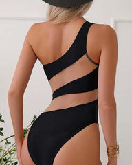 Beach Vacation Off-shoulder Transparent Mesh Colorblock Sexy One-piece Swimsuit