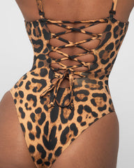 Women's Deep V Sexy Leopard Print Back Drawstring Waist Shaping One-Piece Swimsuit