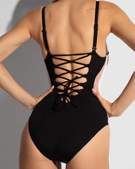 Sexy Deep V Colorblock Waist Back Drawstring One-Piece Swimsuit