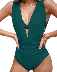 Women's Beach Vacation Underwire Halter Neck Bikini Top and Plunge-Down Ruched Swimsuit Set