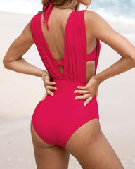 Women's Beach Vacation Underwire Halter Neck Bikini Top and Plunge-Down Ruched Swimsuit Set