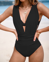 Women's Beach Vacation Underwire Halter Neck Bikini Top and Plunge-Down Ruched Swimsuit Set