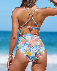 Beach Vacation Bohemian Floral Colorblock Print Low-cut Slim One-piece Tummy-control Swimsuit