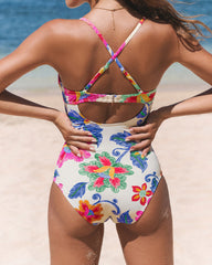Beach Vacation Bohemian Floral Colorblock Print Low-cut Slim One-piece Tummy-control Swimsuit