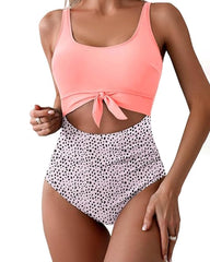 Women's Contrast Color Stitch Hollow Design Lace-Up One-Piece Swimsuit