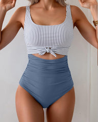 Women's Contrast Color Stitch Hollow Design Lace-Up One-Piece Swimsuit