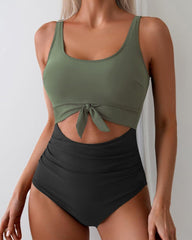 Women's Contrast Color Stitch Hollow Design Lace-Up One-Piece Swimsuit