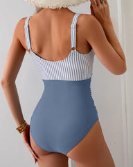 Women's Contrast Color Stitch Hollow Design Lace-Up One-Piece Swimsuit
