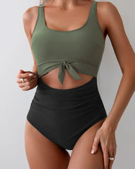 Women's Contrast Color Stitch Hollow Design Lace-Up One-Piece Swimsuit