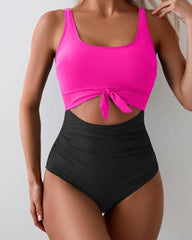 Women's Contrast Color Stitch Hollow Design Lace-Up One-Piece Swimsuit