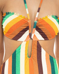 Beach Vacation Bandeau Halter Neck Backless Striped Colorblock One-Piece Swimsuit