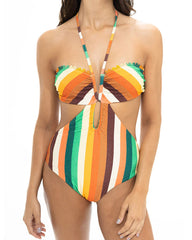 Beach Vacation Bandeau Halter Neck Backless Striped Colorblock One-Piece Swimsuit